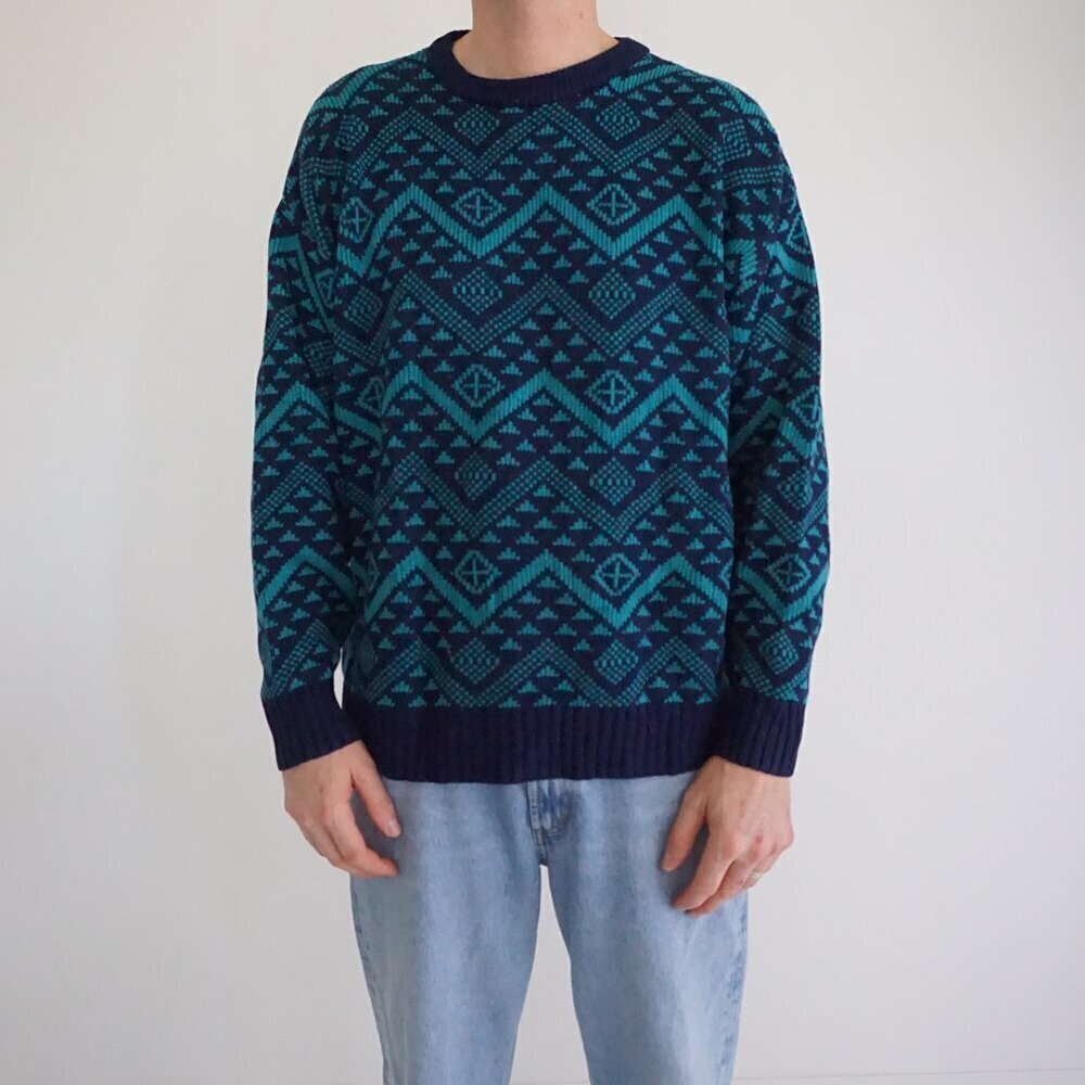 90s The Aspen Lid Teal Navy 3D Biggie Cosby 20% Wool Crewneck Knit Sweater XL